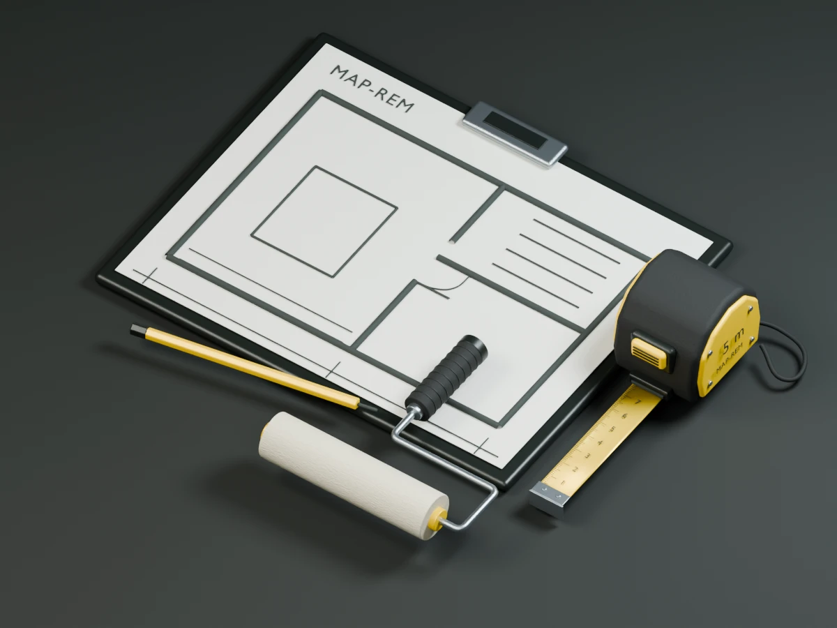 Grafika 3D MAP-REM: plan wnętrza, miarka i narzędzia wykończeniowe